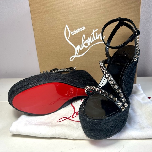 New! CHRISTIAN LOUBOUTIN MAFALDINA ZEPPA WEDGE SANDAL SPIKES BLACK LEATHER SZ 38 - Picture 11 of 15